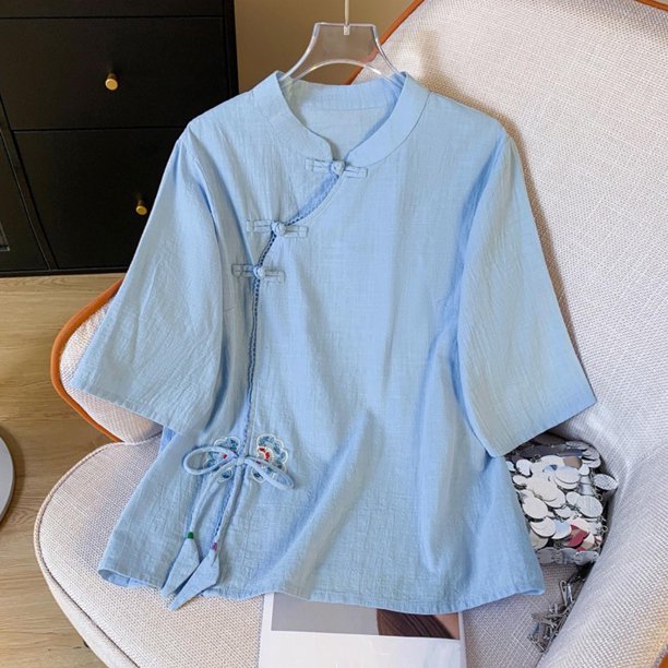 Fiudx Camisas para Mujer Top de Manga Corta con Botones y Cuello Inclinado con Cuello Alto Bordado y Lino para Mujer
