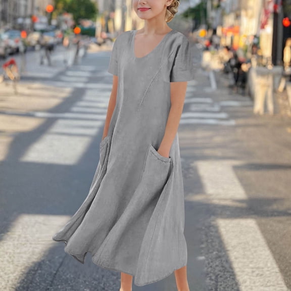 Ovbmpzd Big Girls Dresses Gray Linen Soft Dresses Casual Pocketed Comfortable Dresses,7 Years