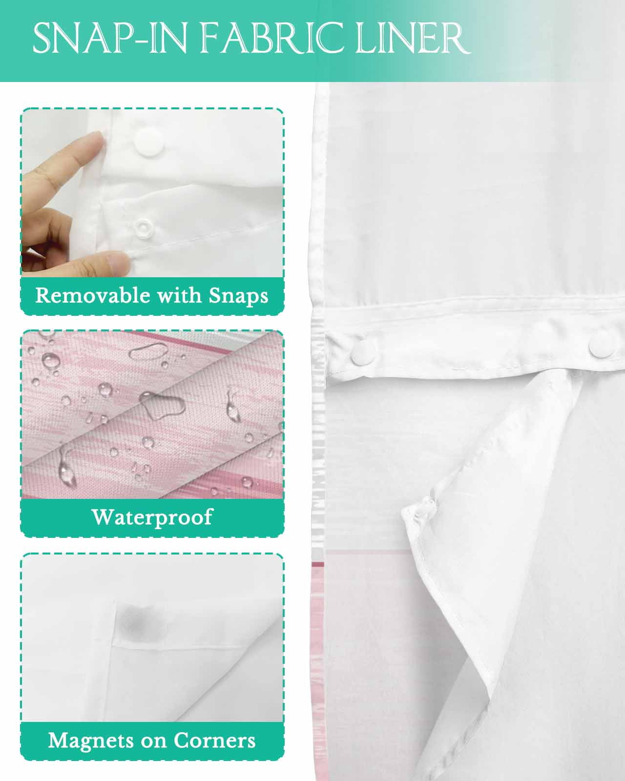 No Hook Shower Curtain with Snap in Liner, Pink Striped Gradient Rustic Wood Board Hotel Shower Curtains for Bathroom, Washable Shower Curtain Liner Set with Mesh Top Window, 36"x78"