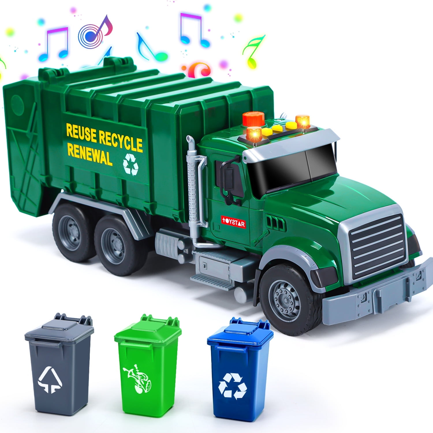 JoyStone Kids Garbage Truck Toy, Friction Powered Recycling Truck with Lights & Sounds, Lift & Rotating Trash Bin Function, 3 Trash Bins, Interactive Toy for 3-8 Years Old