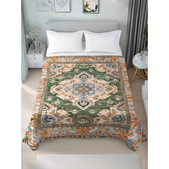 Boho Twim XL Size Flat Sheet, Wrinkleproof & Fadeproof Cooling Flat Bed Sheet Only, Green Brown Ethnic Tribe Abstract Vintage Western Breathable Soft Bedding Top Sheets 66 x 102 Inches