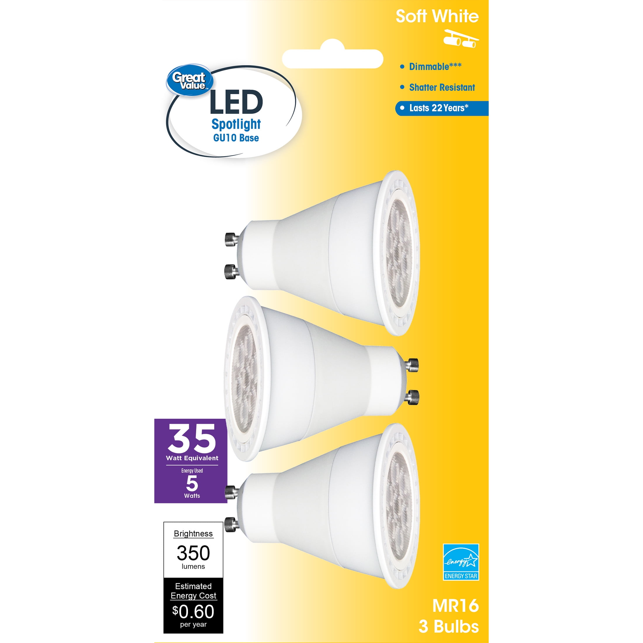 Great Value LED Light Bulb, 5W (35W Equivalent) MR16 Lamp GU10 Base, Dimmable, Soft White, 3-Pack