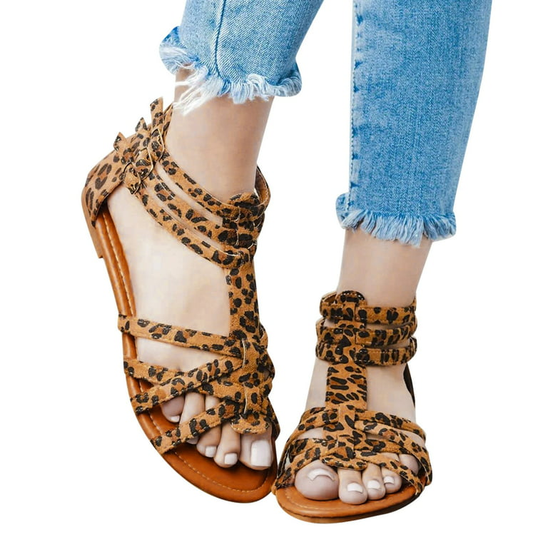 HSMQHJWE Womens Gladiator Sandals Dressy Summer Flat Leopard Sandals Ladies  Comfortable Boho Beach Sandals Casual Wide Width Gold Sandals Size 8  HSMQHJWE（Brown,8） 