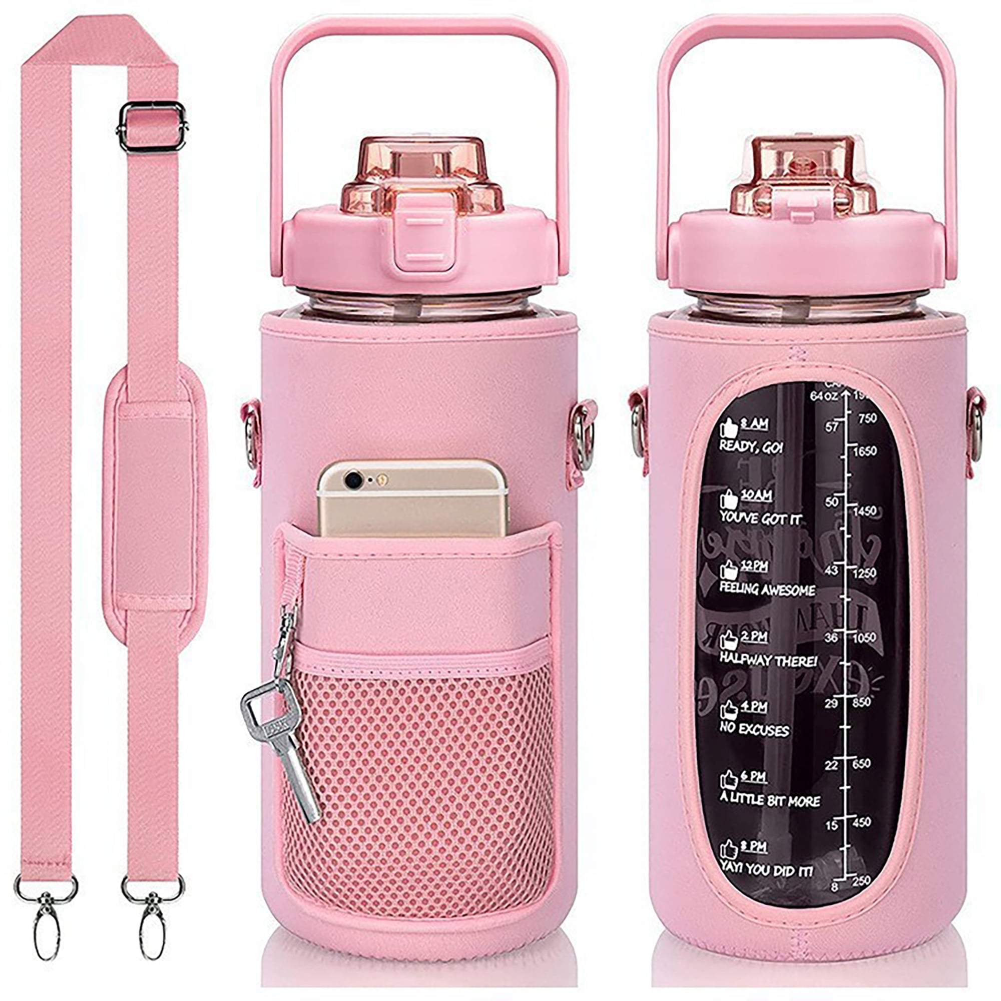 Half Gallon Water Bottle with Sleeve, 64oz Motivational Water Bottle with Straw & Time Marker to Drink, Leakproof BPA Free Reusable Water Jug Easy Carry for Workout Gym Sports, Pink