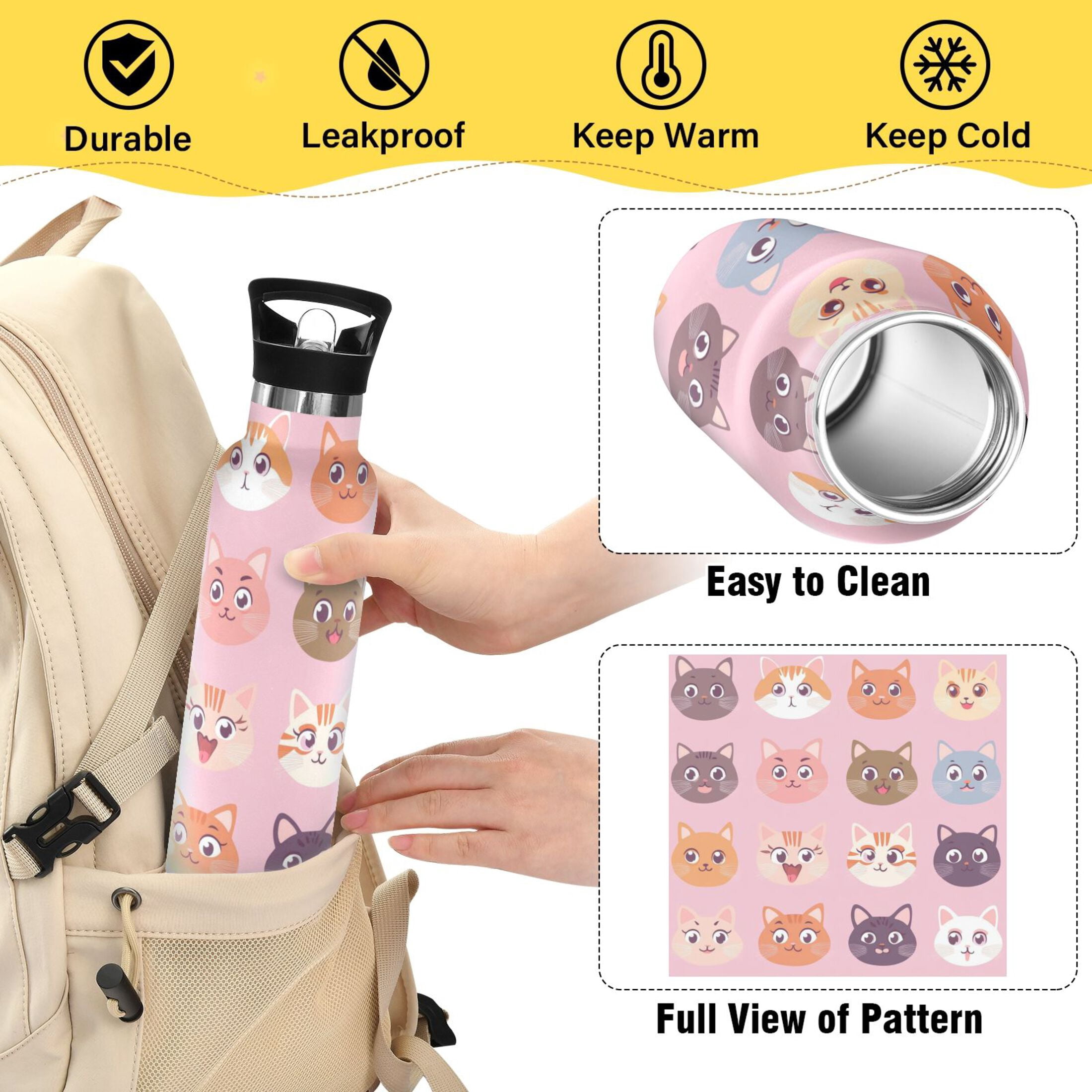 Kids Insulated Stainless Steel Sports Water Bottle 600ml (20oz), BPA-Free Cute Cat Face Pattern