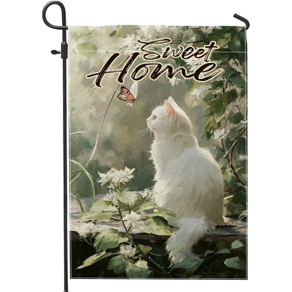 White Cat Garden Flag with Butterfly Floral Design, Double Sided Outdoor Yard Banner, Nature Theme Lawn Flag for Spring and Summer Decoration, 12 x 18 Inch