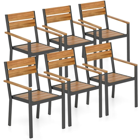 Gymax Patio Dining Chair set of 6 w/ Heavy-duty Metal Frame 6 Acacia Armrest Stackable Chairs