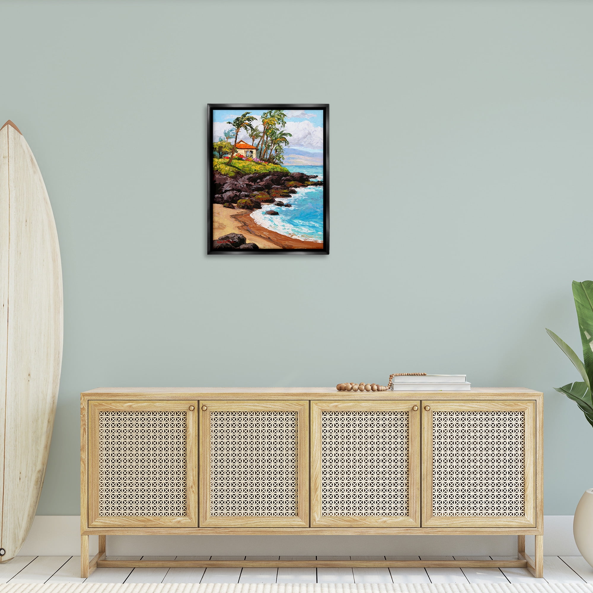 Stupell Industries Tropical Cottage Cove Landscape Painting Black Floater Framed Canvas Art Print Wall Art, 25 x 31