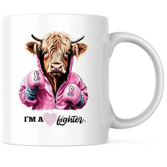 Bliss Monkey Co. I Am A Fighter Mug - Breast Cancer Fighter - Pink Ribbon - 11 Ounce Coffee Mug - Printed On Both Sides - Microwave & Dishwasher Safe - White Handle & Interior - BMCM00727