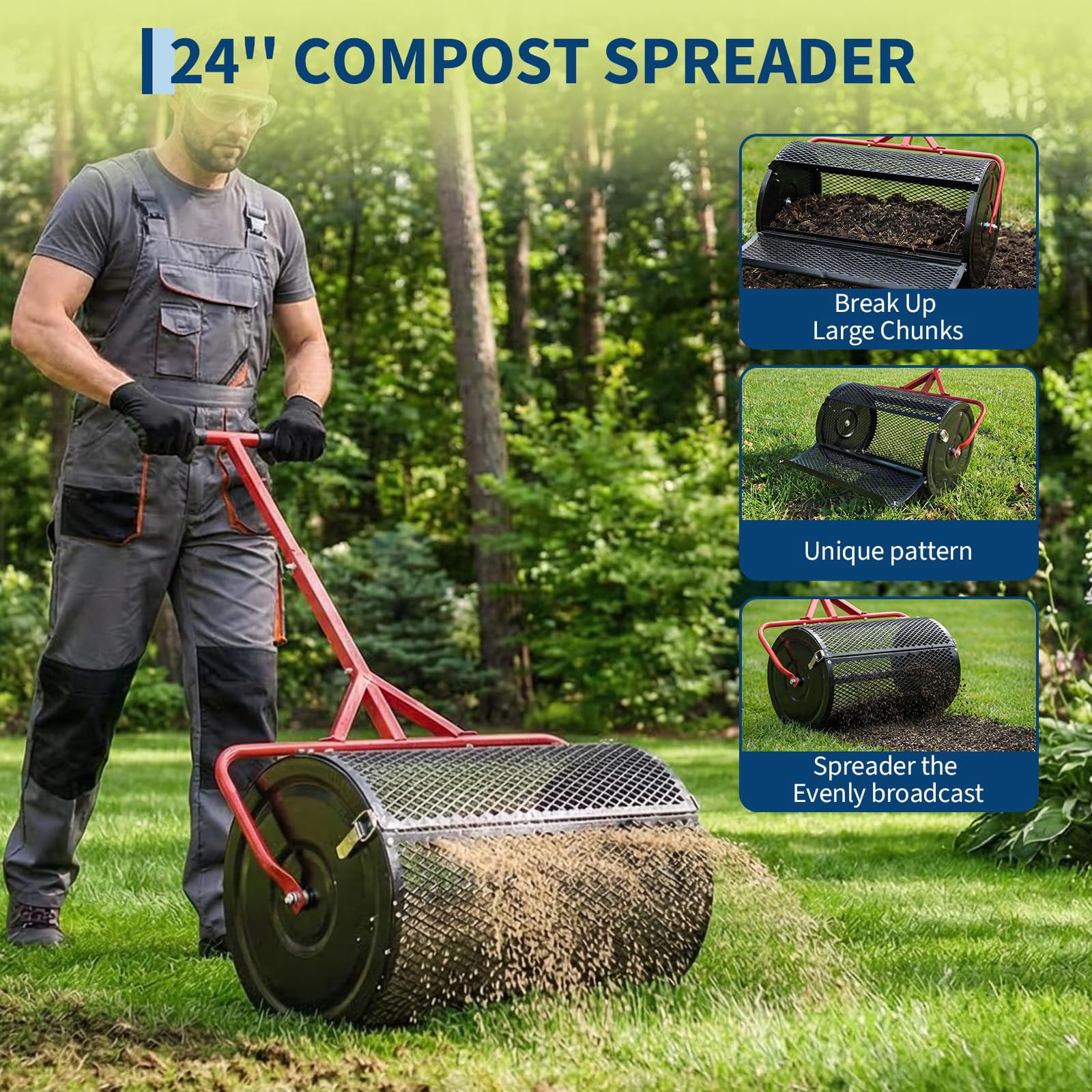 24" Compost Spreader, T-Shaped Handle, 3 Adjustable Heights, Side Latch Topsoil Spreader, Powder-Coated Roller for Peat Moss & Seeding