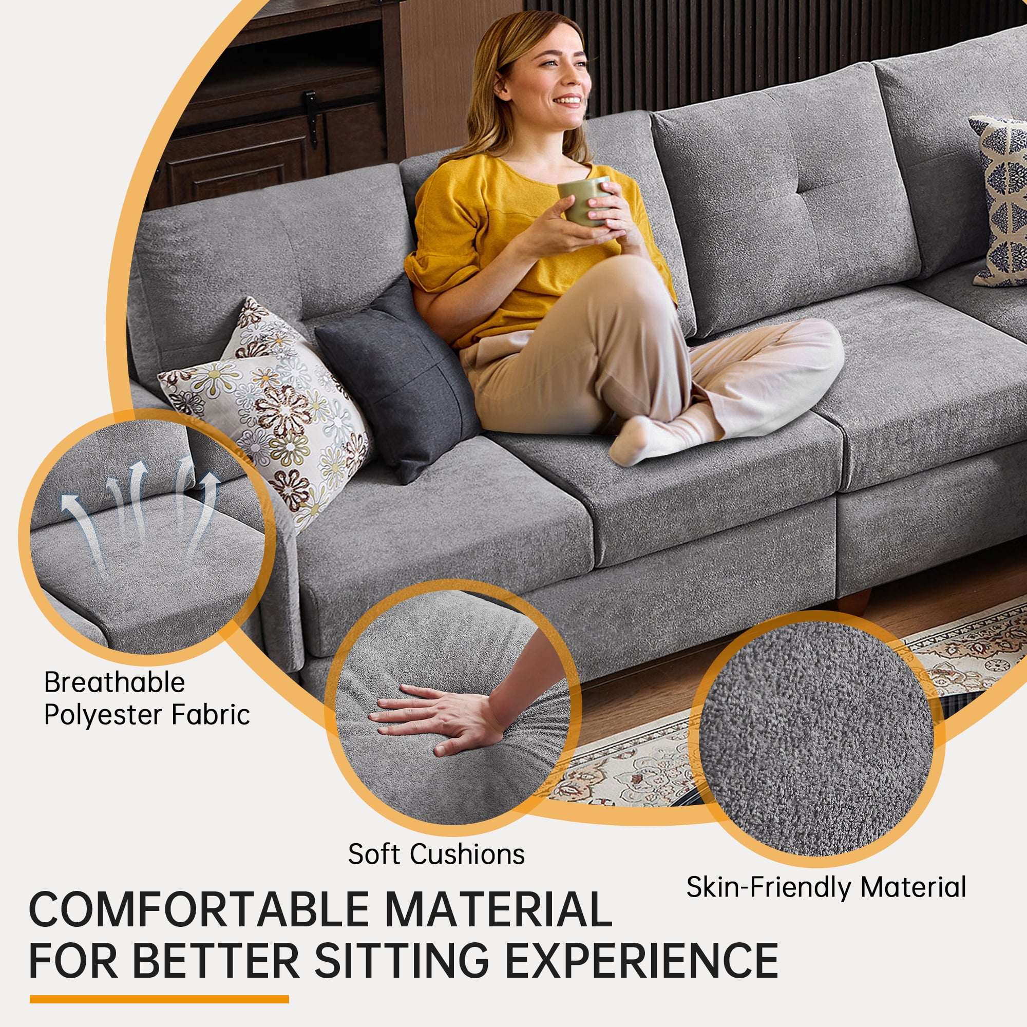 Jarenie Modern Living Room Furniture - Sectional Recliners Couch Set with Cup Holders & Wooden Armrests