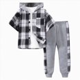 thumbnail image 2 of Godom Toddler Boy Clothes Spring Summer 2 Piece Outfit Boys 5T Clothes Short Sleeve Plaid Color Collision Hooded Pants Sets,Grey, 2 of 7