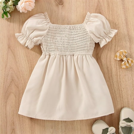 

kpoplk Dresses For Baby Girls Girls Clothes Summer Puff Sleeve Solid Dress Casual Short Sleeve Toddler Dress(Beige)