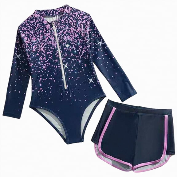 TOWED22 Toddler Girls Swimsuit One Piece Long Sleeve Ruffle Zipper Rash Guard Bathing Suit Swimwear Summer 2-6 Years Purple,5-6 Y
