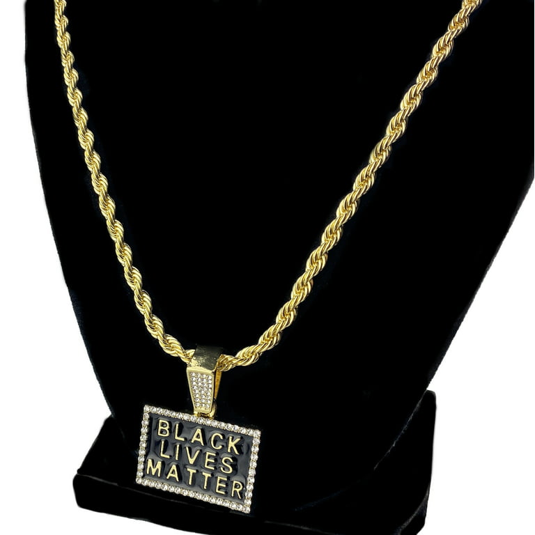 Black Lives Matter Iced Rectangle Pendant Rope Chain Gold Finish