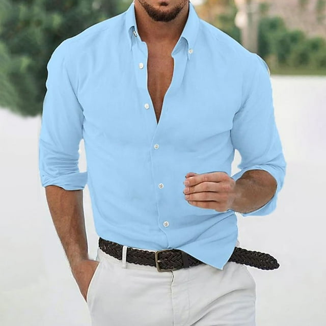 pstuiky camisas de manga larga para hombre, Camisa de lino de manga larga con botones y botones de color liso para hombre Tops de hombre s