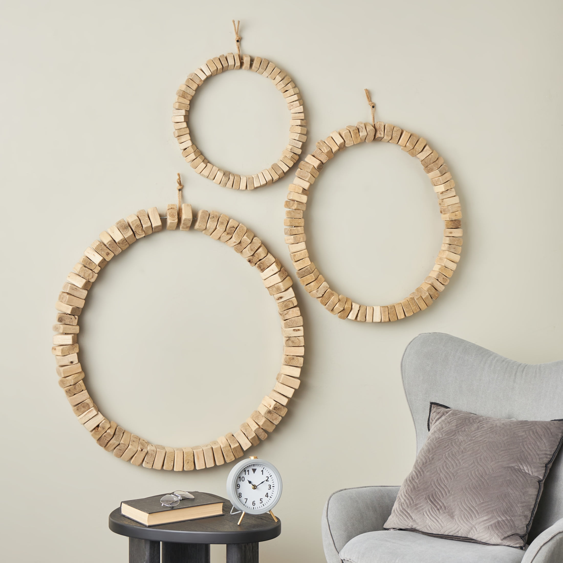 DecMode Brown Wood Beaded Abstract Wall Decor with Hanging Rope (3 Count)