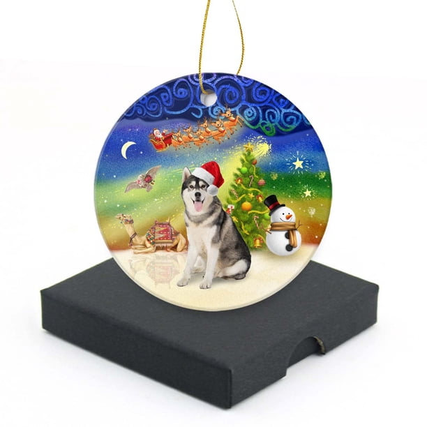 Adorno de Navidad 2024-Cool Husky Siberiano Adornos redondos para árbol de Navidad Recuerdo Decoración del hogar para su árbol de Navidad Adorno de cerámica de 3.0 in con caja de regalo