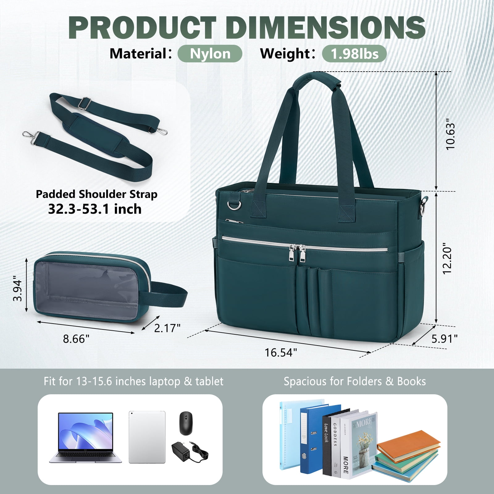 RAINSMORE Teacher Tote Bag for Women 15.6 Inch Laptop Briefcase with Clutch Bag, Nurse Bags Professional Work Handbag for Office College Nursing, Large Utility Tote Messenger Shoulder Bag,Dark Green