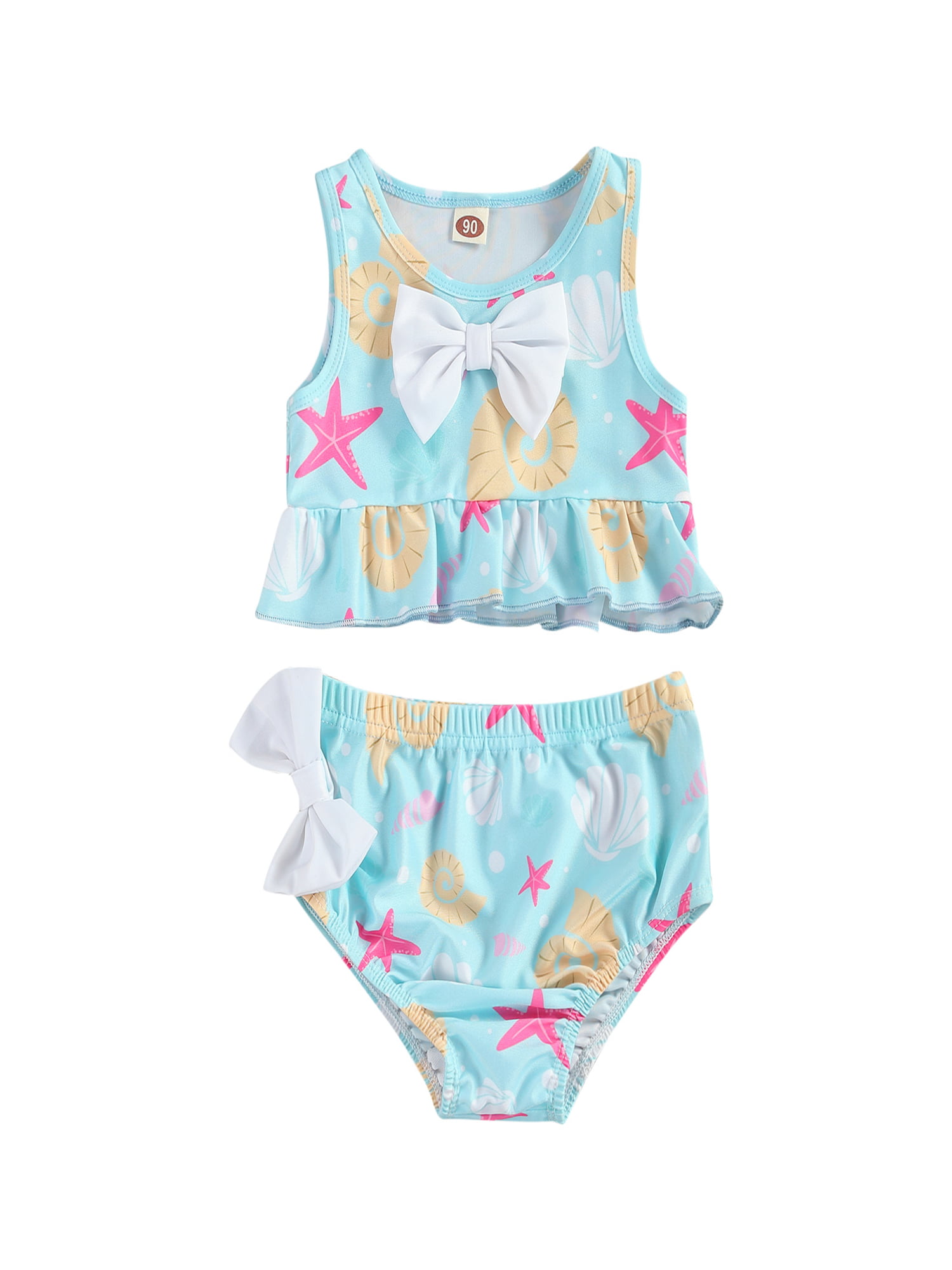 Carolilly Baby Girls One Piece Bathing Suit Flamingo Print Blue Striped Swimwear with Flying Shoulder and Fringes Multicolor from 12months-7years Children