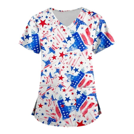 

Sksloeg Scrub Tops Women Stretchy Clearance American Star Stripes Pattern Patriotic Tops Nursing Working Uniform Short Sleeve V-Neck T-Shirts with Pockets Light Blue M