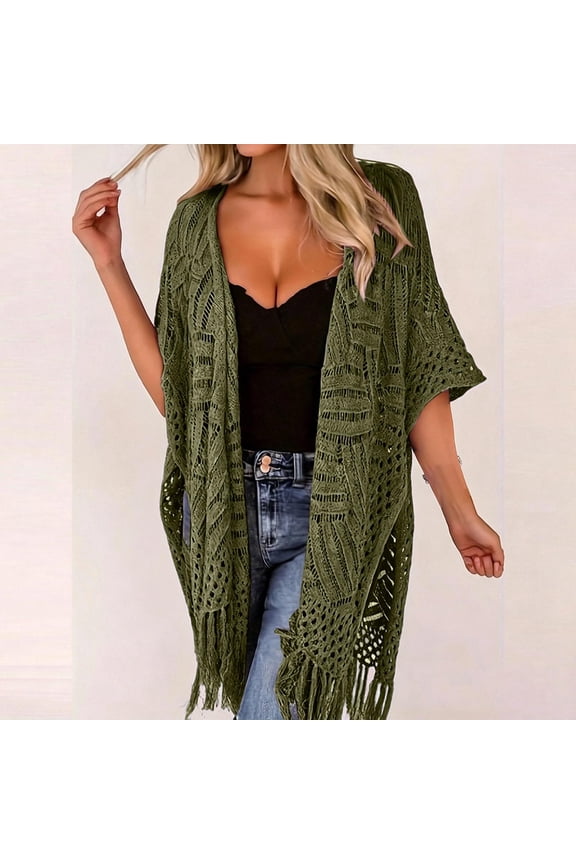 Women's Crochet Cardigan Open Front Kimonos Fringe Hollow Out Long Boho Sweater Cover Up Green One Size