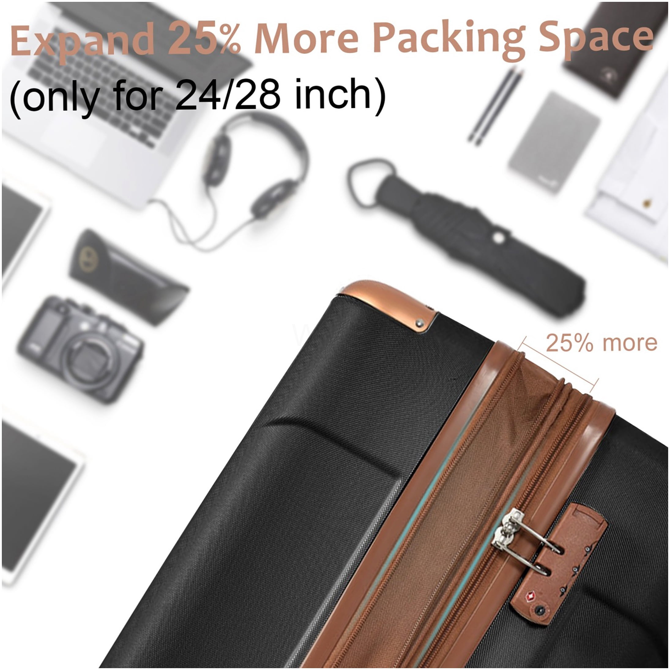 3 Piece ABS Hard Shell Luggage Set with Spinner Wheels and TSA Lock, Expandable Suitcases for Travel (Black Brown)