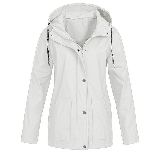 Veste de Pluie pour Femmes avec Poches Imperméable Légère à Capuche pour Randonnée en Plein Air Trench-Coat Blanc 3TG