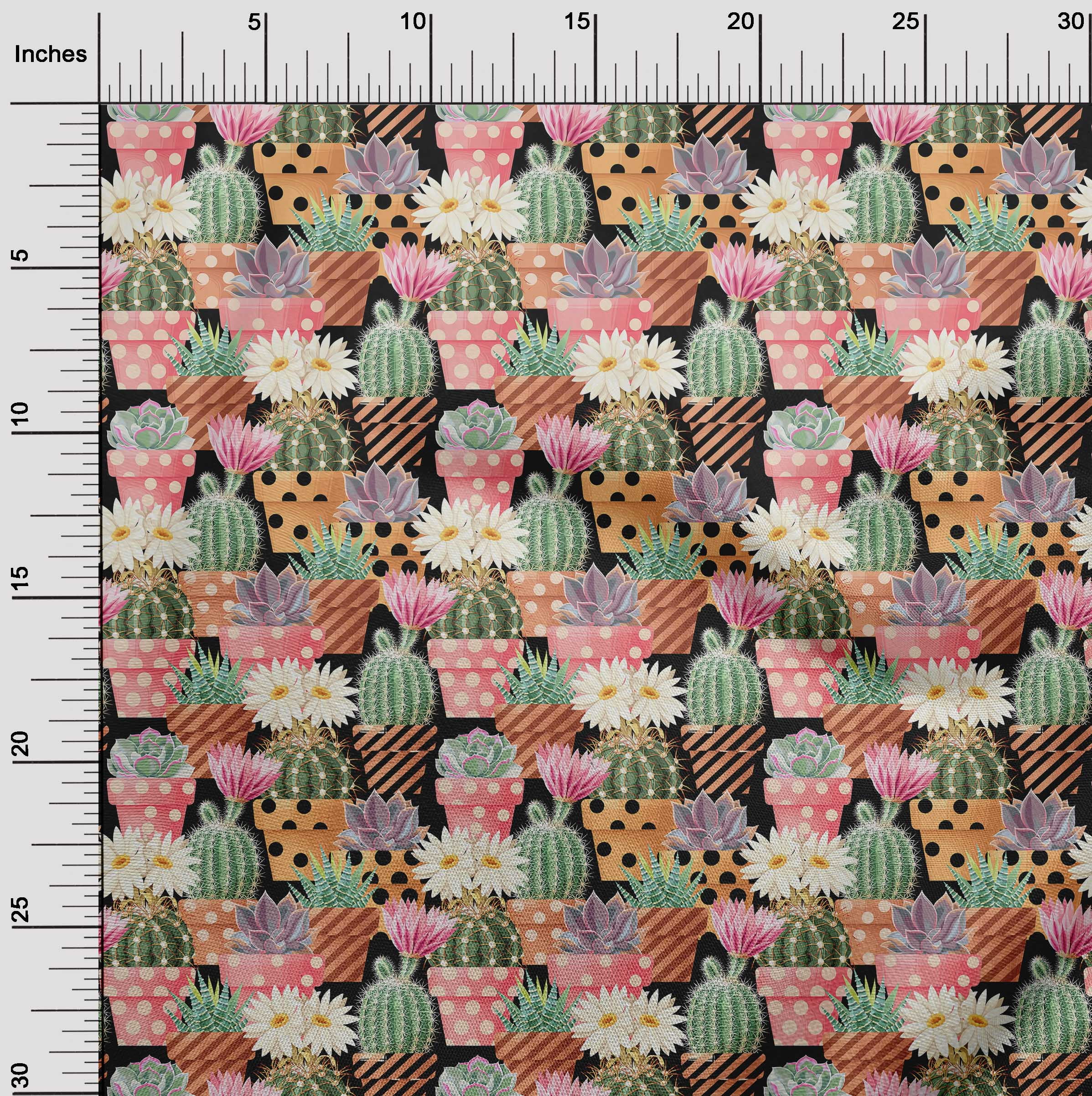 oneOone Cotton Flex Black Fabric Plants Cactus With Flowers Quilting Supplies Print Sewing Fabric By The Yard 40 Inch Wide