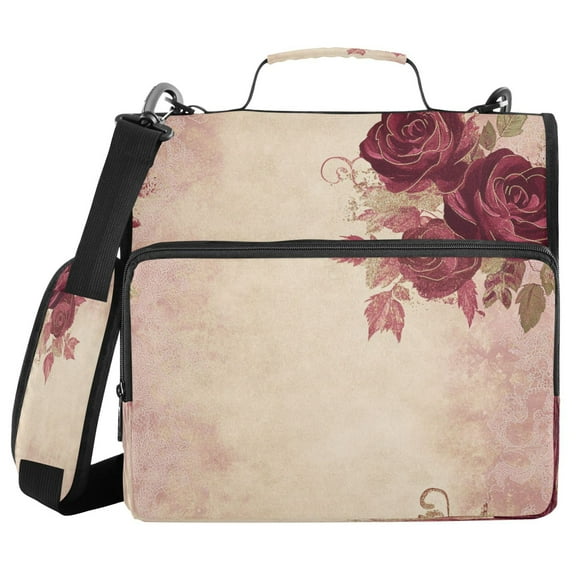 Water-Resistant 3-Ring Binder Organizer with Multiple Pockets Zipper Binder Bag for Office Roses and Leaves