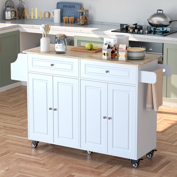 Aiho 45.5'' Kitchen Island Cart with Storage , Rolling Kitchen Island with Folding Drop Leaf Breakfast Bar for Dining Room, White