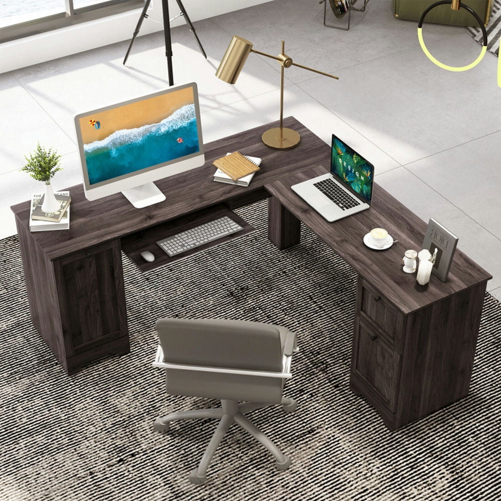 Demi Bonn L-Shaped Office Desk with Storage Drawers and Keyboard Tray, Small Home Computer Desk Study Writing Table, Dark Brown