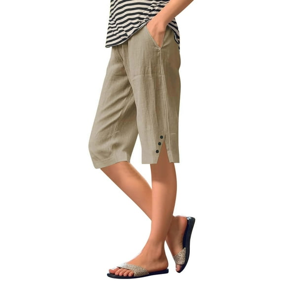 OSOLU Solid Color Women Knee Length Shorts Summer Casual Loose Beach Shorts With Pockets Fashionable Classic Leisure Active Athletic Casual Bottoms