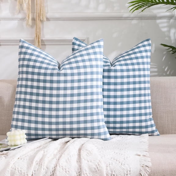 Aarocafa - Blue Gingham Pillow Cover Set (2-Pack) - Faux Linen Fabric with Crisp Checkered Pattern, Cottage Core Decor for Cozy Sofa & Bed Farmhouse Boho Accent - Size: 18x18in