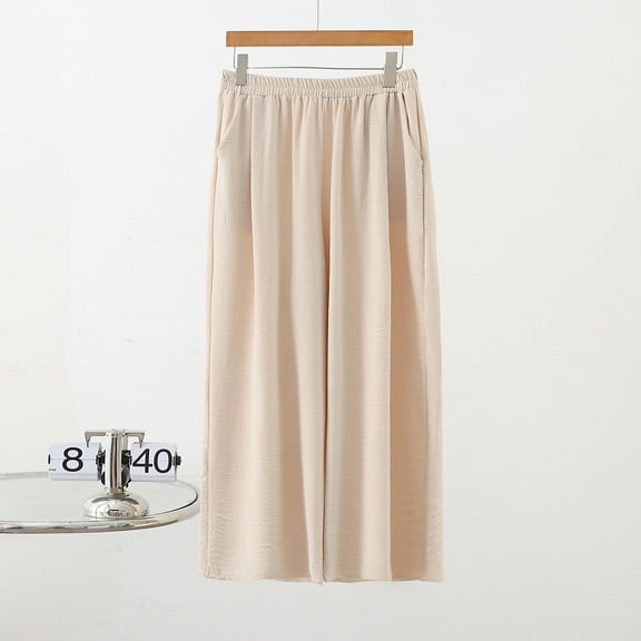 HongQid Wide Leg Pants for Women Loose Elastic Pants Long Casual Pants with Pockets Beige 4XL