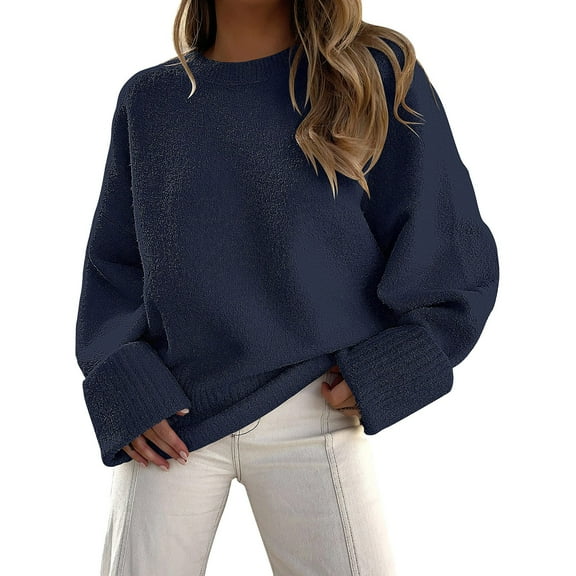 RMGVDSD Women's Oversized Sweater Crewneck Long Sleeve Oversized Fuzzy Knit Warm Pullover Sweater Top Solid Color Casual Basic Sweater Clothes /Dark Blue