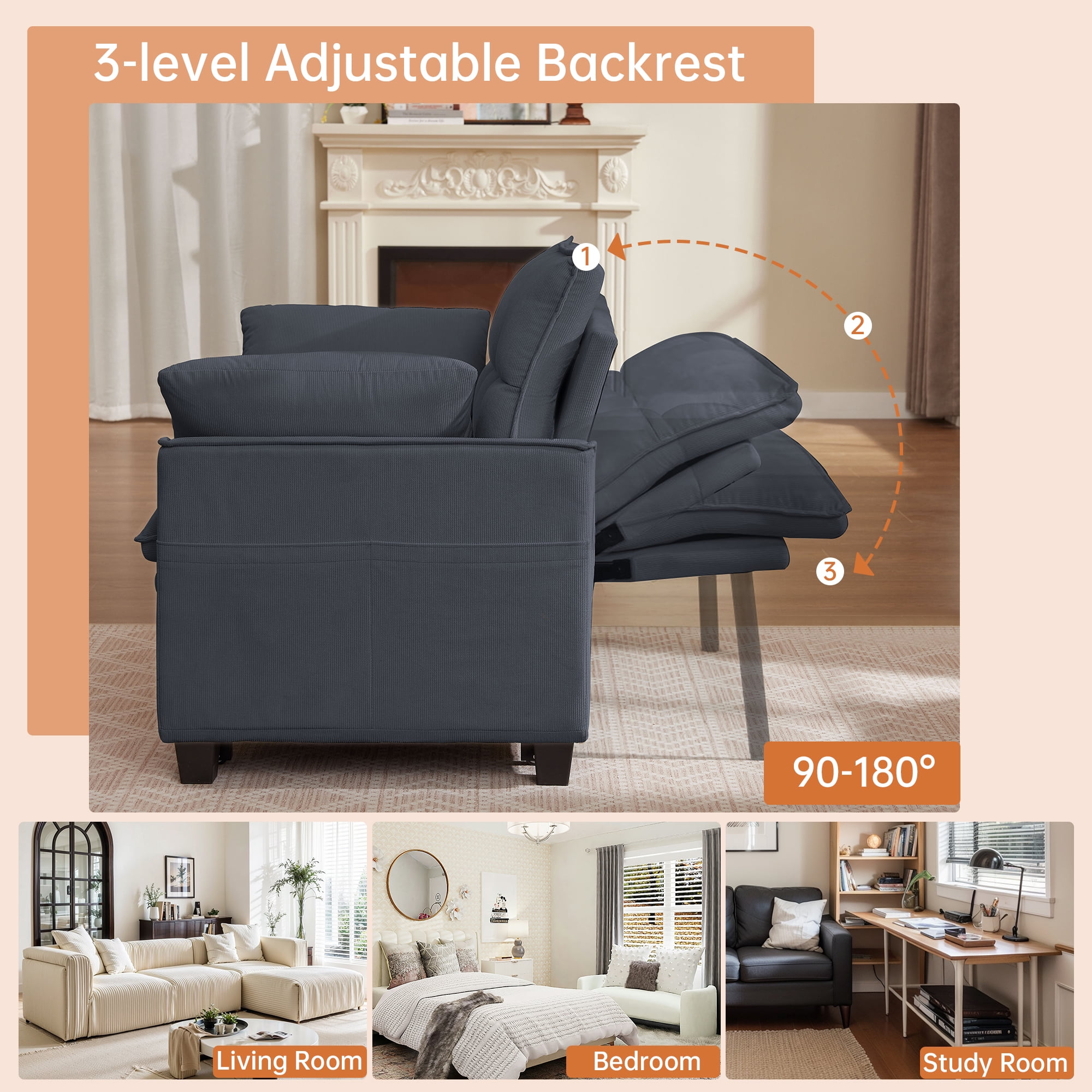 Soscana Convertible Sofa Bed Loveseat with Adjustable Backrest,3 in 1 Sleeper Sofa Pull Out Bed Reclining Couch with 2 Lumbar Cushions and Storage Side Pockets for Living Room,Apt,Office,Studio