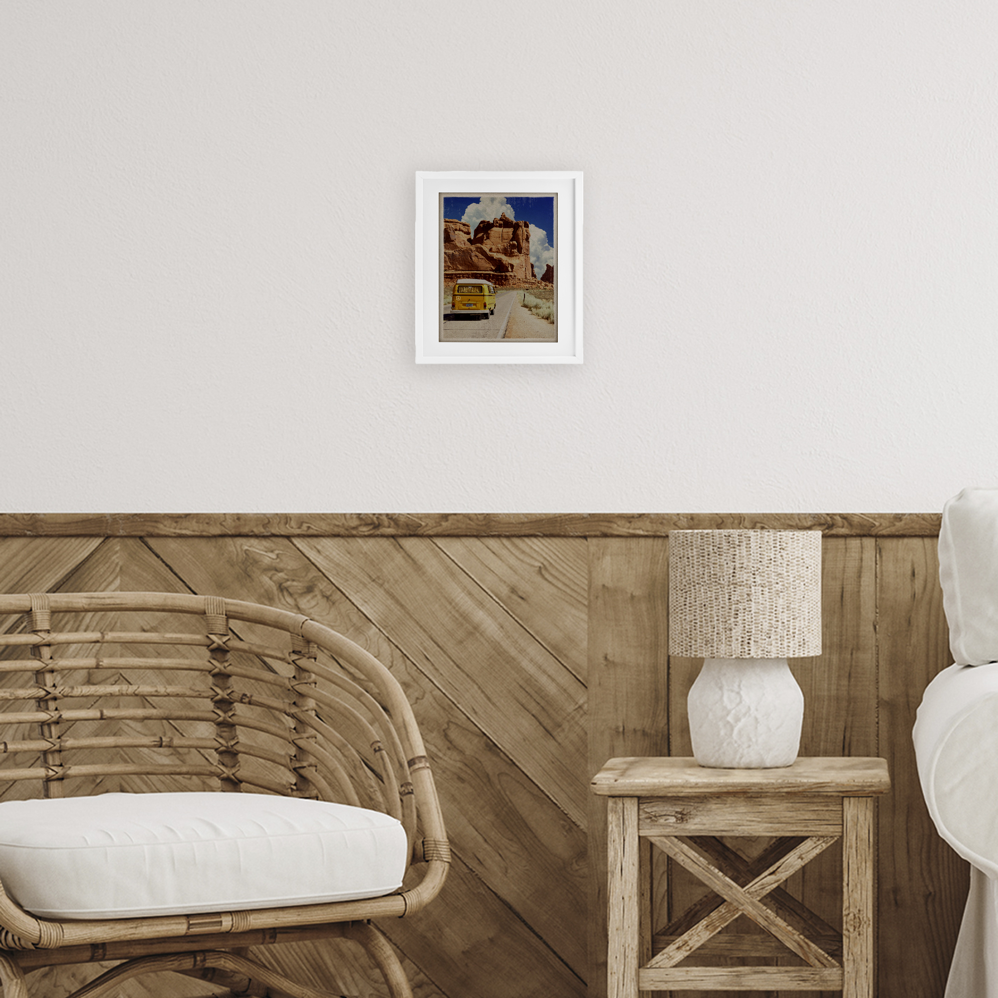 Retro Desert Adventure White Framed Print Under Glass, design by Old Red Truck