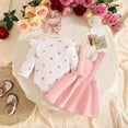 thumbnail image 5 of ZHOGXU Baby Girls Heart Printed Outfit Long Sleeve Top Suspender Bowknot Skirts Matching Bow Headband 3PCS Set For Kids,Pink,3-6 Months, 5 of 5