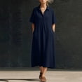 thumbnail image 5 of Women's Shirt Dresses Collared Short Sleeve Maxi Dress Breathable Relaxed Fit Vacation Resort Summer Dress Navy L, 5 of 6