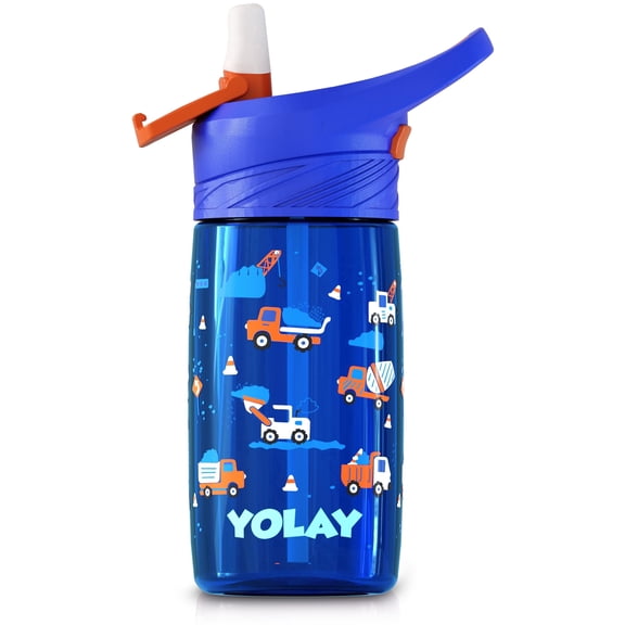 YOLAY 15oz Kids Water Bottle For School Boys and Girls, Water Bottle with Straw Lid Leak-Proof, Spill Proof, Easy Clean and Dishwasher Safe with Re-Usable and BPA Free - Trucks