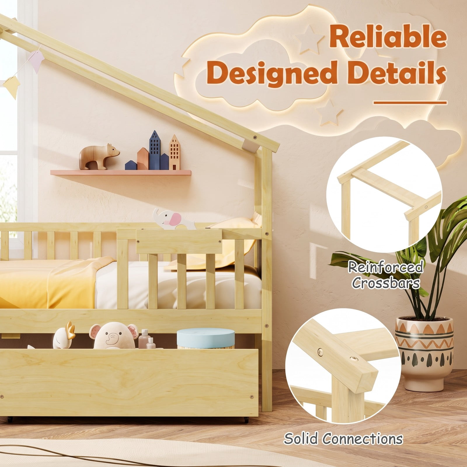 Furnibear Twin House Bed Frame with Storage Drawers, Montessori Floor Bed with Roof Frame and Fence Rails, Platform Bed Frame for Kids Room, Natural