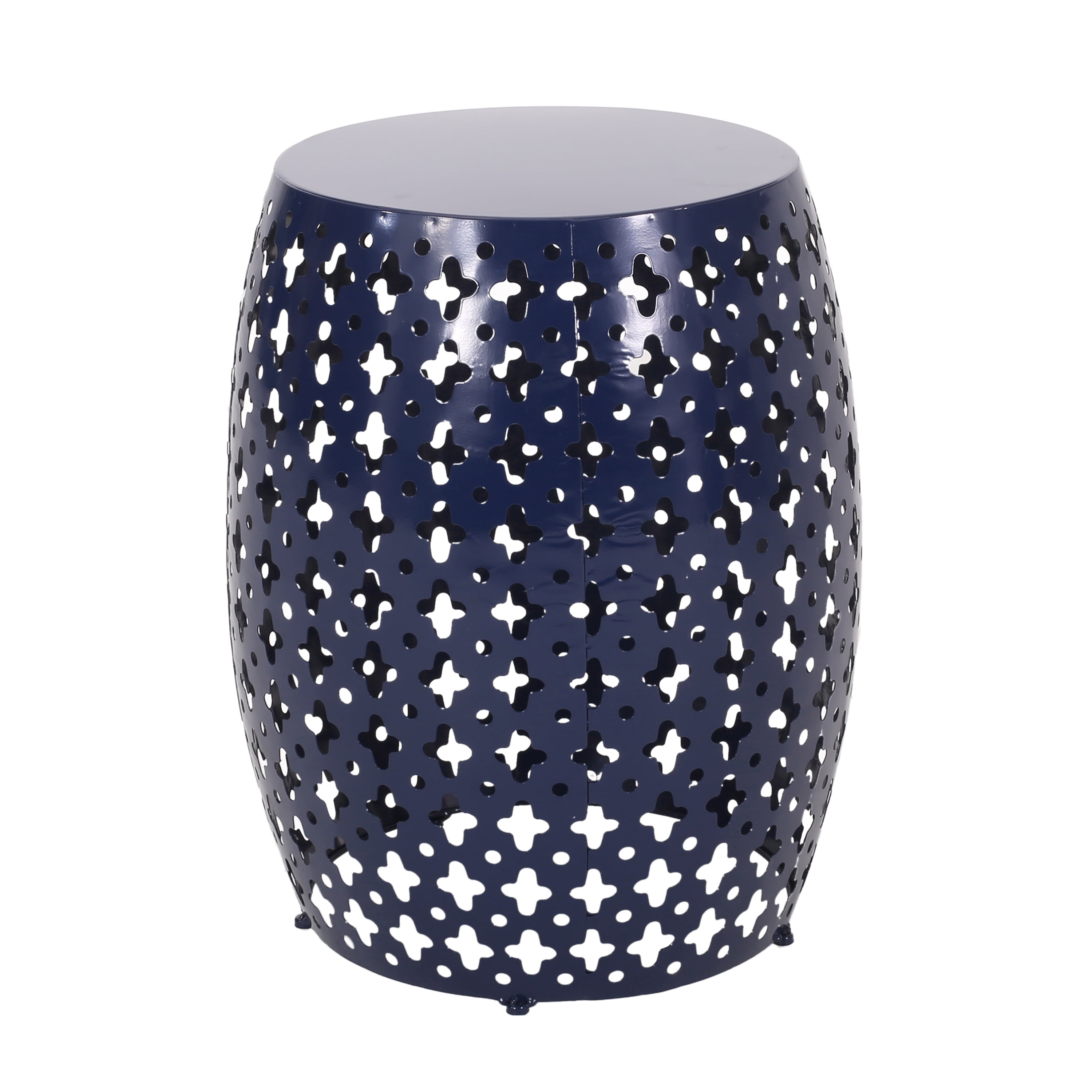 Outdoor Large Cylindrical Side Table, Hollow Out Iron Craft Tabletop for Patio Garden, Navy Blue