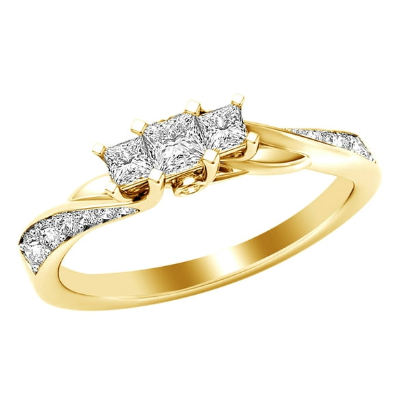 AFFY Princess & Round Cut White Natural Diamond Three Stone Twist Engagement Ring in 14k Yellow Gold (0.5 cttw)