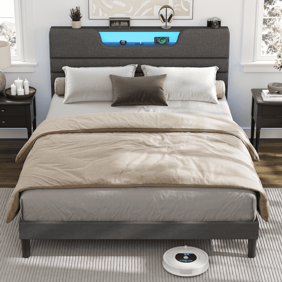 Satifur Dark Gray Bed Frame with Charge Station, Queen Size Bed Frame with LED Lights & Upholstered Headboard, No Box Spring Needed, Linen Fabric