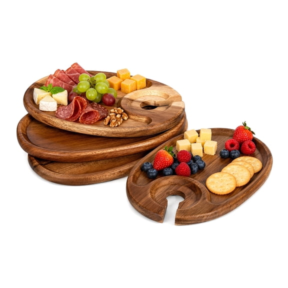 Set of 4 Wooden Wine Appetizer Plates with Glass Holder - Mini Charcuterie Boards for Wine & Cheese Parties, Oval Acacia Wood Serving Trays
