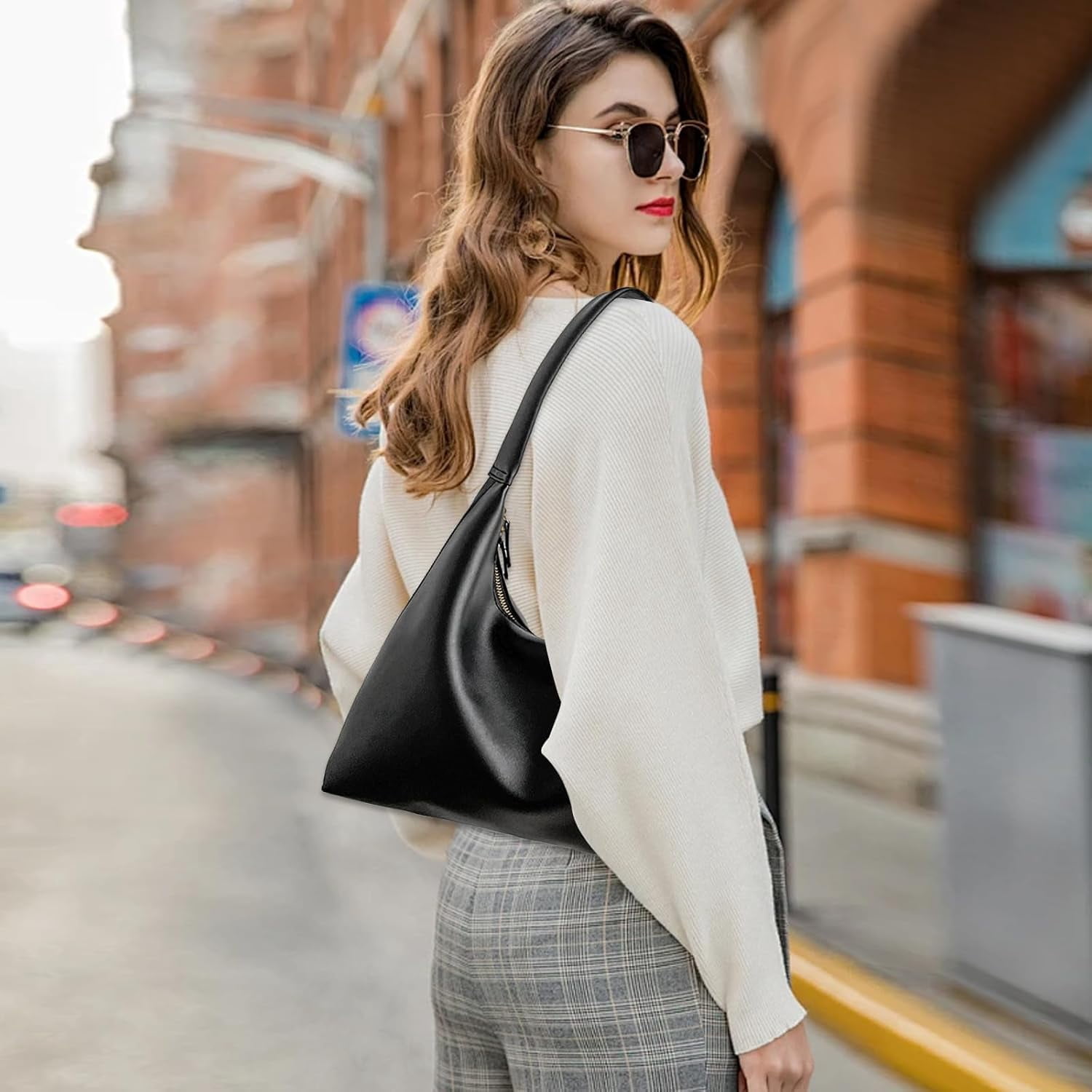 Kwuty Leather Hobo Bag Small Shoulder Purses for Women Slouchy Tote Handbag Vegan Leather Crescent Bag