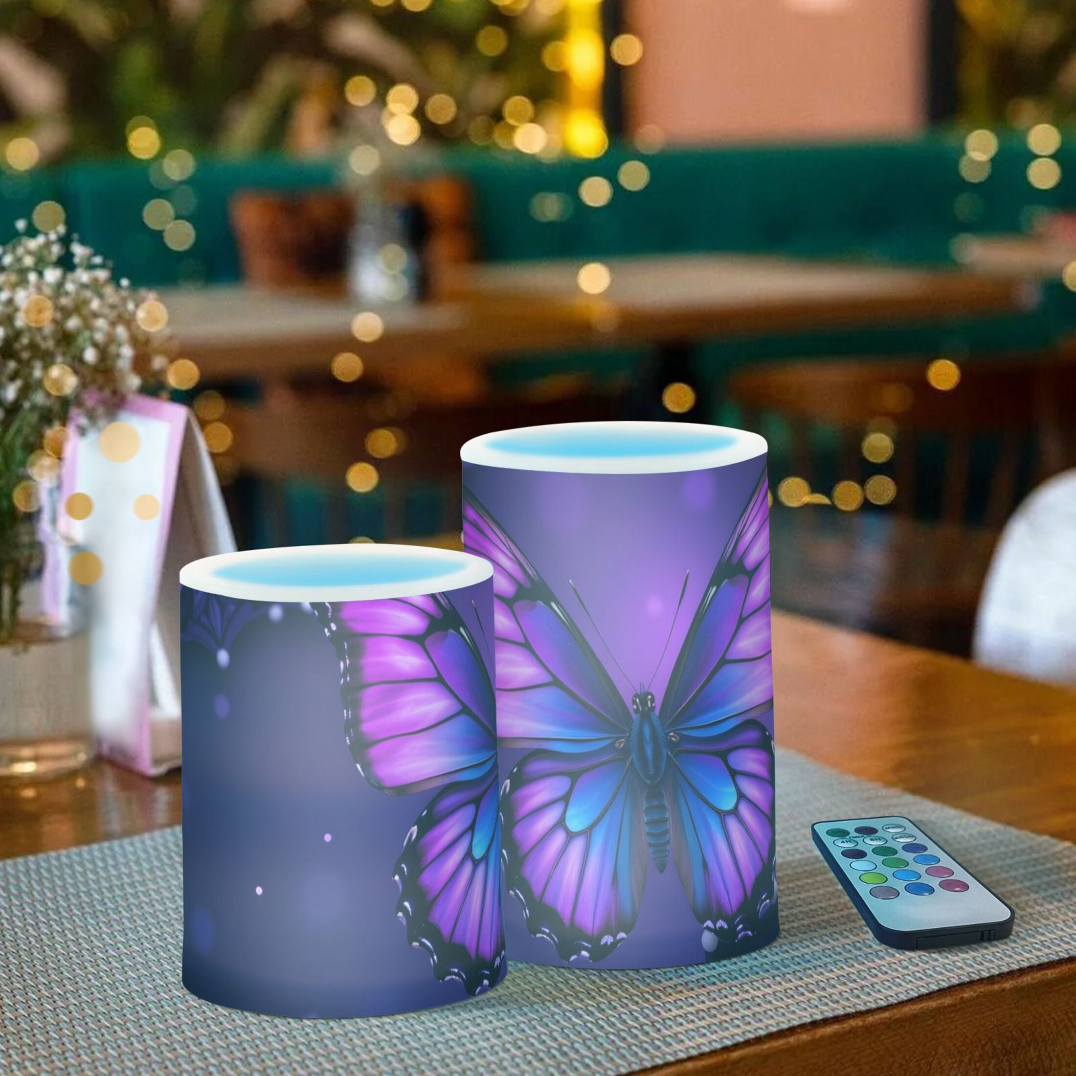 Mandala Flowers Purple Butterflies Flickering Flameless Candles LED Tealight Battery Operated with Remote Set of 2 Holiday Decor Ornaments