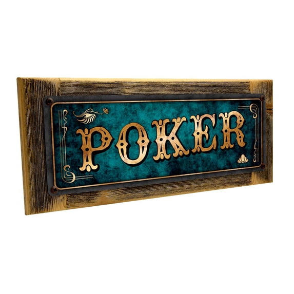 Framed Blue Poker 4"x12" Metal Sign, Wall Décor for Mancave, Den, and Gameroom