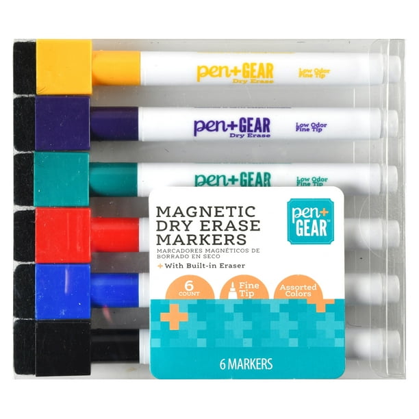 Pen + Gear Dry Erase Markers, Builtin Eraser, 6 Count